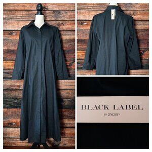NWT Chicos Black Label M Midi Shirt Dress Black Button Up All Day Topper Pockets